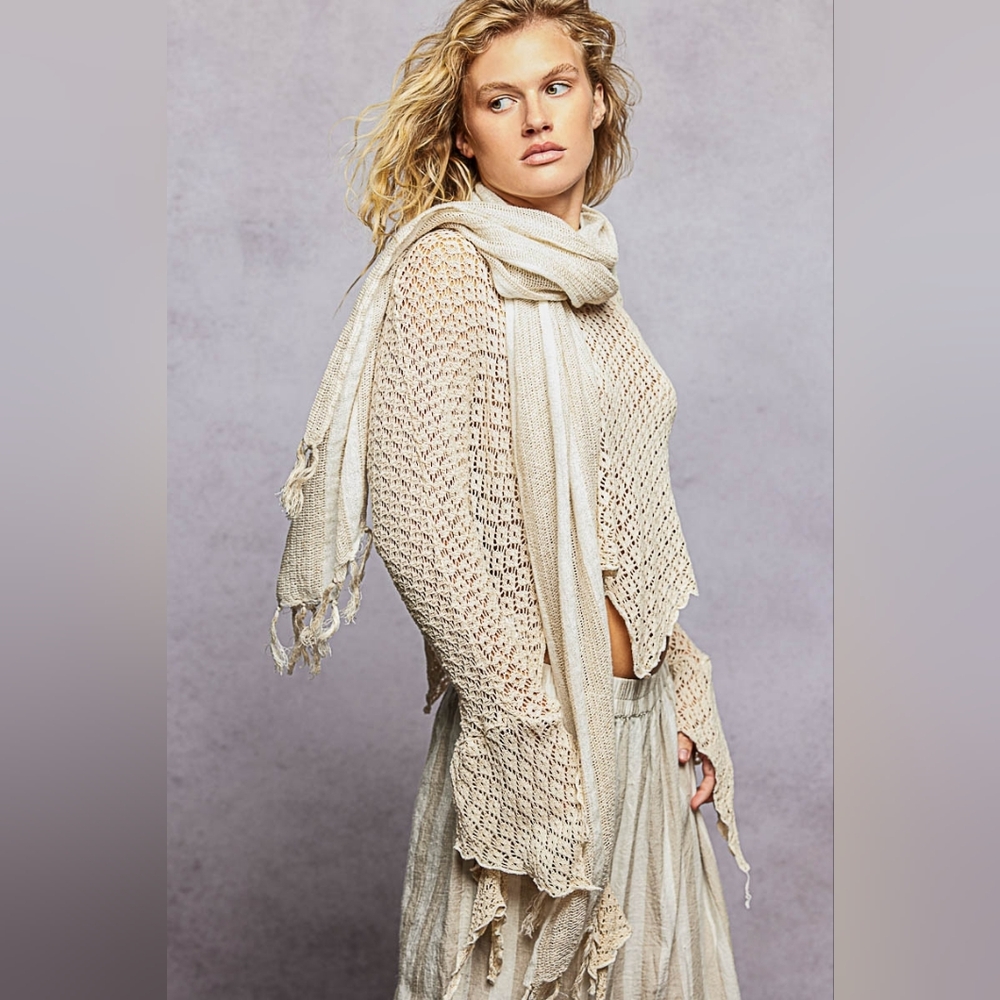 POL Cream Striped Linen Cotton Lightweight Knit Hipster Scarf